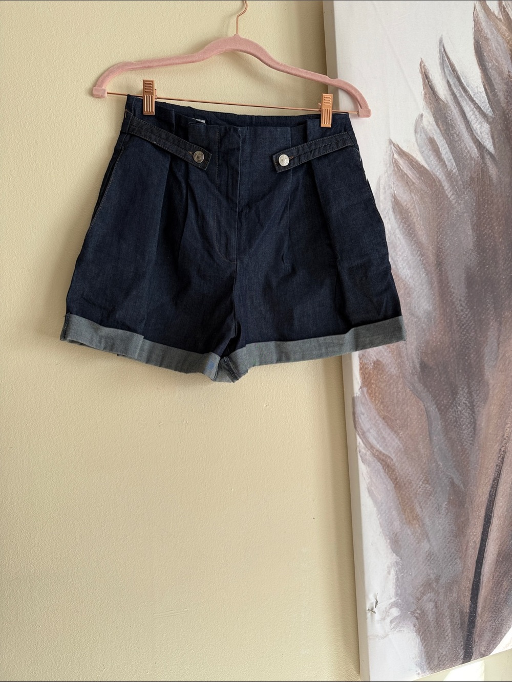 Zara Dark Navy paper bag Cuffed Denim Shorts
